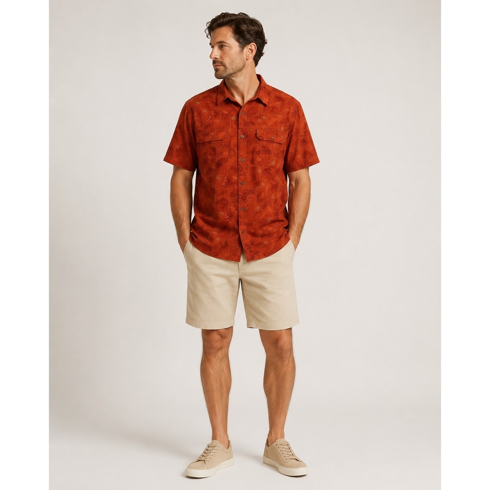 Cabela's Button Front Vented Camp Shirt Mens 2XL Regular Red Fish Print Cotton